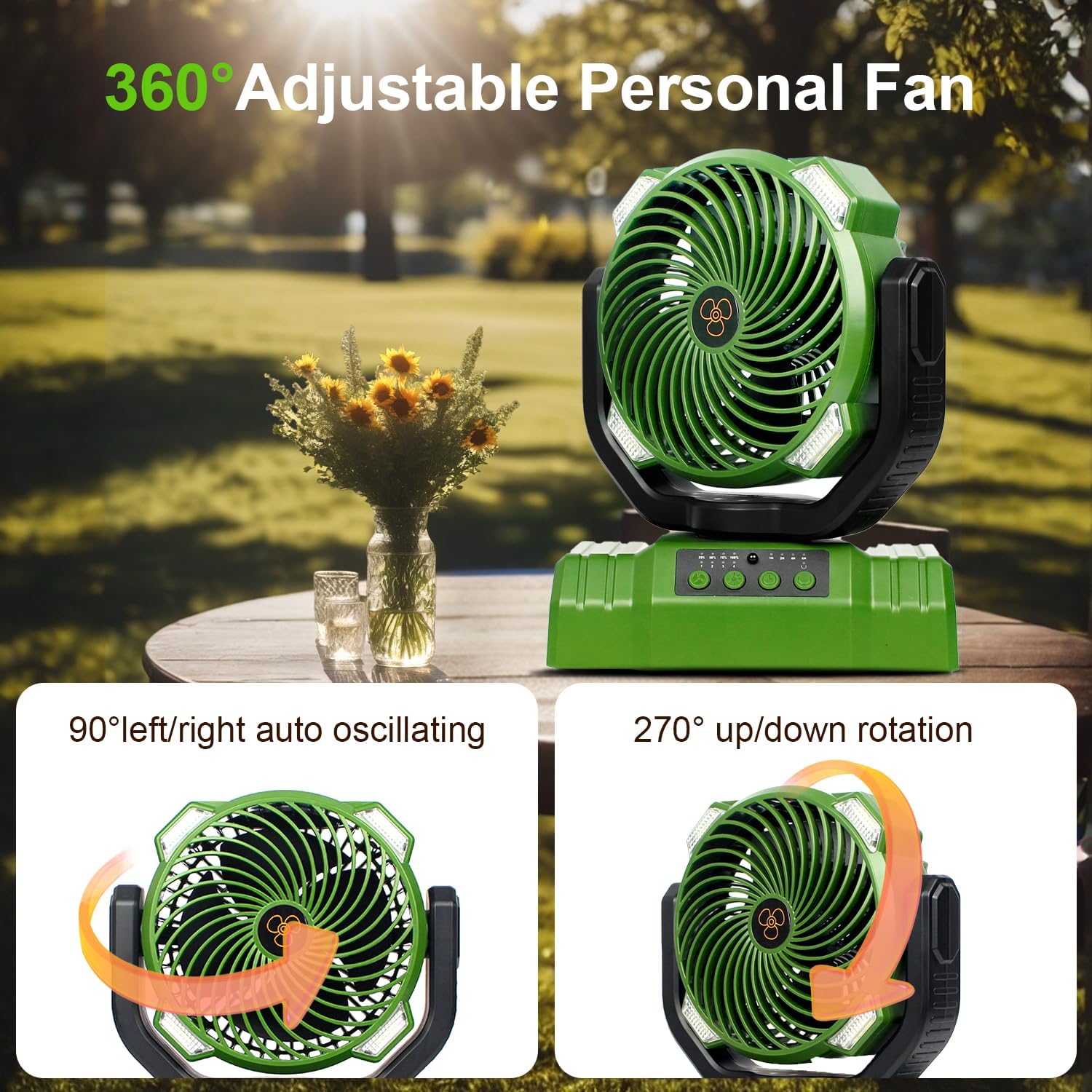 Camping Fan with LED Lantern, 10000mAh Battery Rechargeable Operated Fan, Portable Tent Fan with Hanging Hook, Remote, Oscillating, Timer, Personal Fan for Tent Car RV Hurricane Emergency (Green)