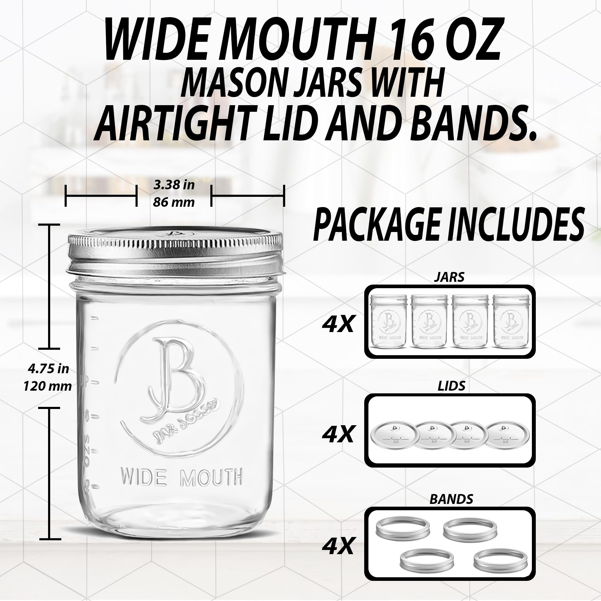 Wide Mouth Mason Jars 16 oz - (4 Pack) - Clear Glass Pint Mason Jars With Airtight Lids and Bands. For Storage, Canning, Fermenting, Meal Prep, Overnight Oats, Freezing, Microwave & Dishwasher Safe