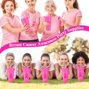 Yiyiring 12 Pcs Breast Cancer Awareness Plastic Tumblers with Lids and Straws Breast Cancer Awareness Cups Breast Cancer Water Bottle Bulk 24 oz Inspirational Ribbon Breast Cancer Cup Gift for Women