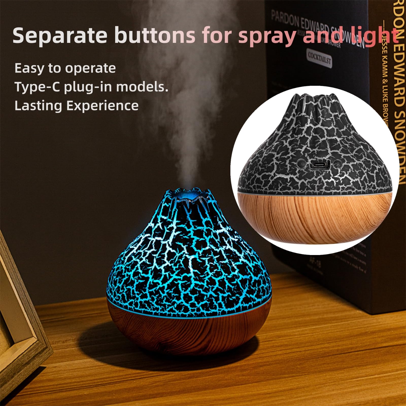 Mini Colorful Cool Humidifier, Volcano Shape Humidifier,USB Personal Desktop Humidifier Volcano Spray Mode, 7 Colors,Super Quiet for Office Room, Bedroom (Black)