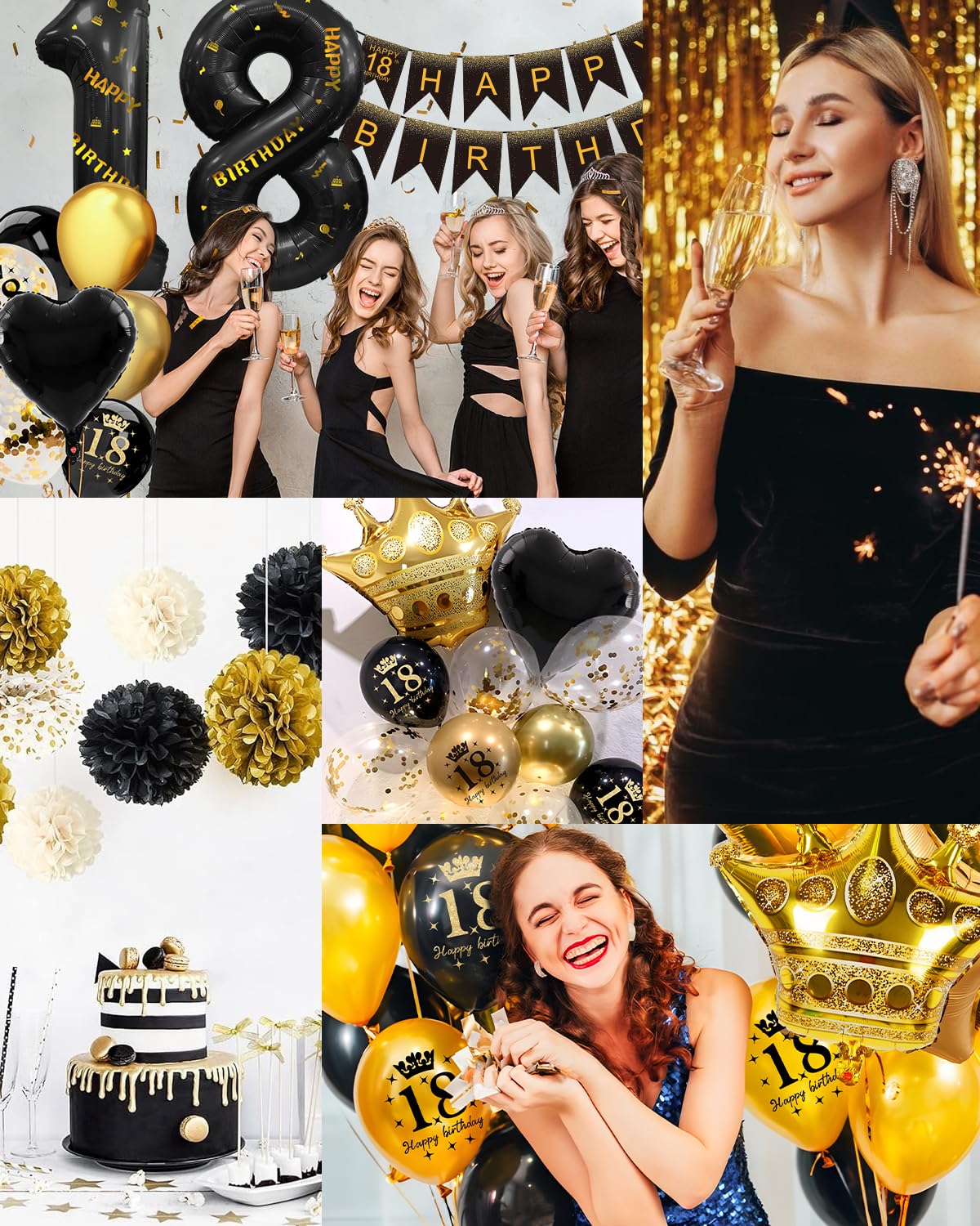 18th Birthday Decorations Black Gold, 18th birthday party decorations Boy Gril with 18th Birthday Balloons, Happy 18th Birthday Decorations, Foil Curtain for 18 Year Old Birthday Decorations Her Him