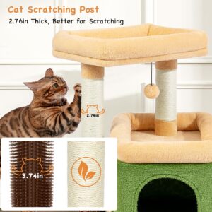 Innsfurr Small Cat Tree for Indoor Cats, Cat Scratching Post with Cat Condo Cat Tower for Multiple Cats, Plush Cozy Perch | Cat Massage Brush | Activity Hanging Pompoms for Kittens, Green