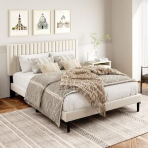 haoara queen size platform bed frame with velvet upholstered headboard, queen bed frame with strong wood slats, box spring optional, mattress foundation, easy assembly beige