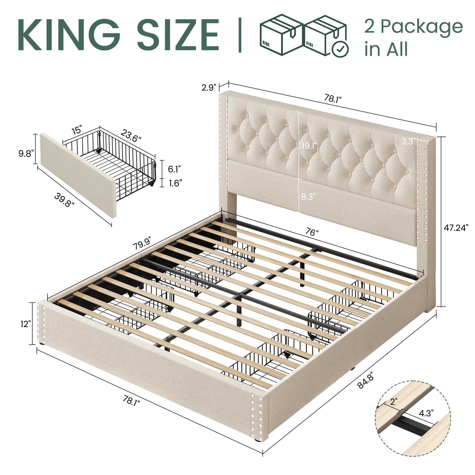 LARMACE King Size Platform Bed Frame with 4 Storage Drawers and Headboard Linen Upholstered Bed Frame Tufted Beds with Wood Slats Support, Easy Assembly, Noise-Free, Beige