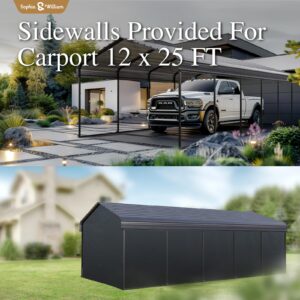 Carport Car Port Metal Canopy 12x25 ft Heavy Duty for Snow, Portable Garage Kit Shed Tent Shelter Metal Frame All Weather Outdoor for Boat with Removable Sidewalls, Dark Grey, Sophia & William