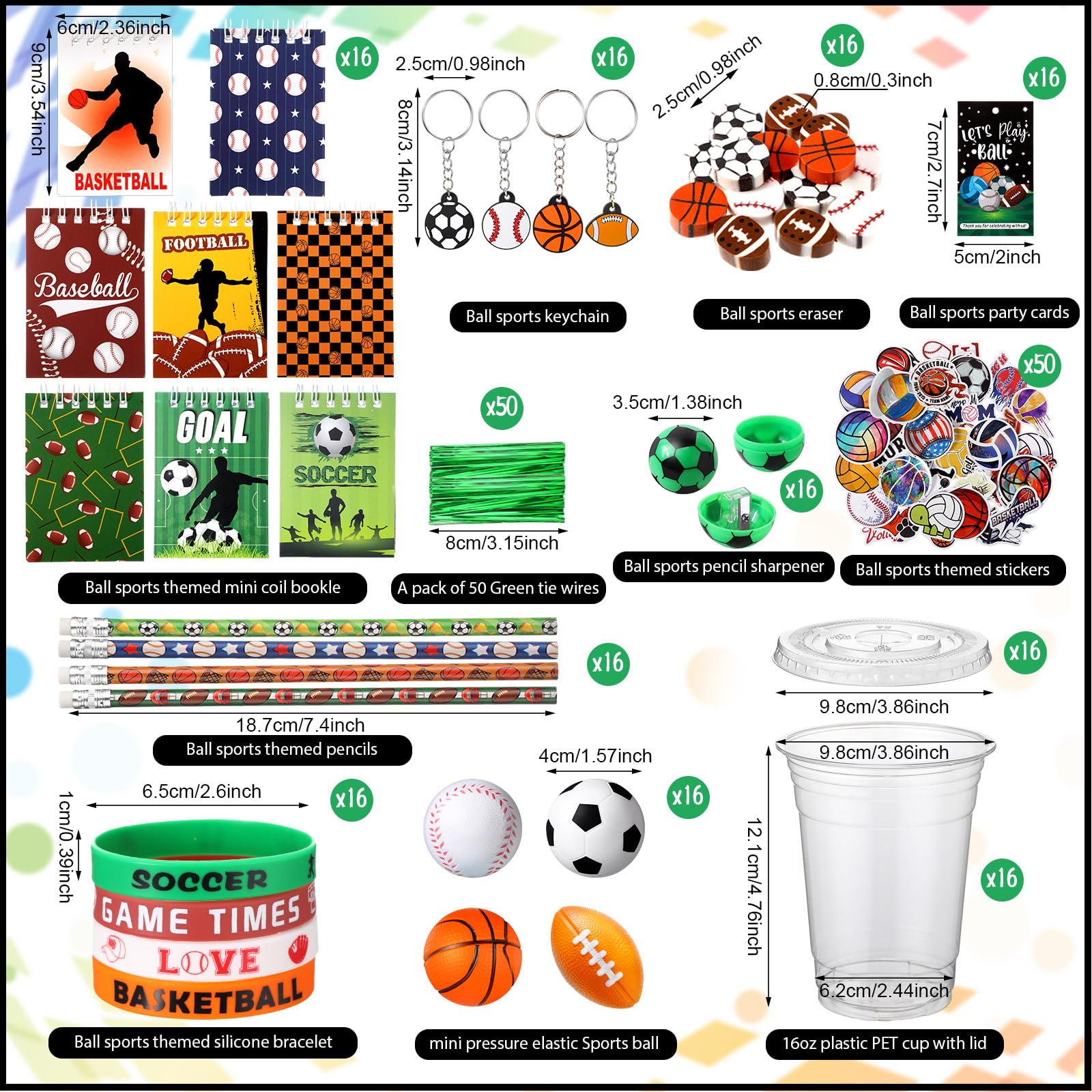 Colarr 195 Pcs Multi Balls Birthday Gifts Party Favors Gift Cups Pencils Mini Book Keychains Wristbands Stickers Thank You Cards Eraser Sharpener Mini Ball for ball Football Soccer Party