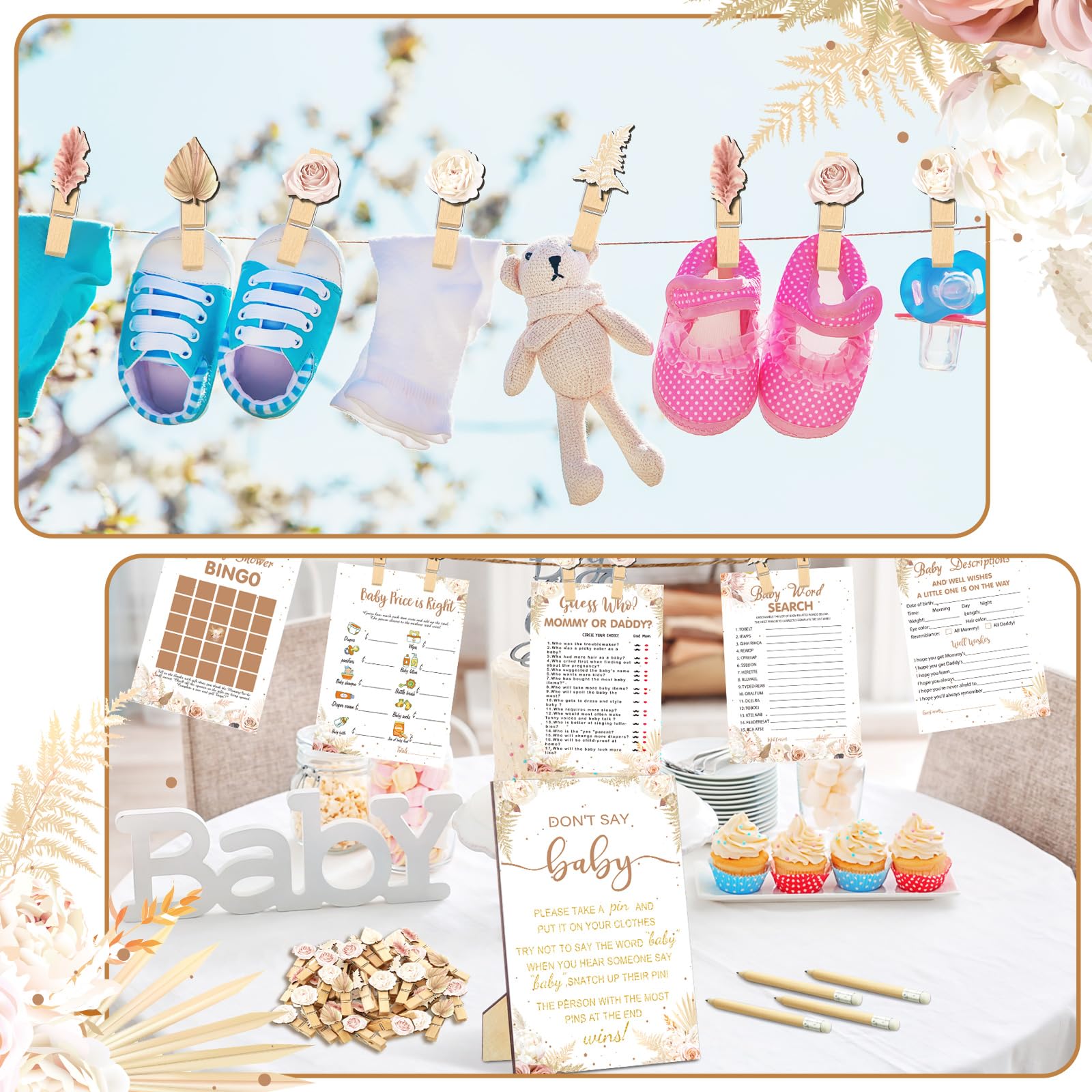 Patelai 321 Pcs Baby Shower Games Supplies, 5 Sets (50 Cards Each) Activities Cards with 20 Pencils 1 Don't Say Baby Sign 50 Clothespin(Boho Pampas Grass)