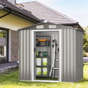 HAPPYGRILL 6' x 4' Outdoor Metal Storage Shed, Galvanized Steel Shed with Tilted Roof, Lockable Sliding Doors & 4 Air Vents, Utility Shed for Backyard Garden Patio Lawn