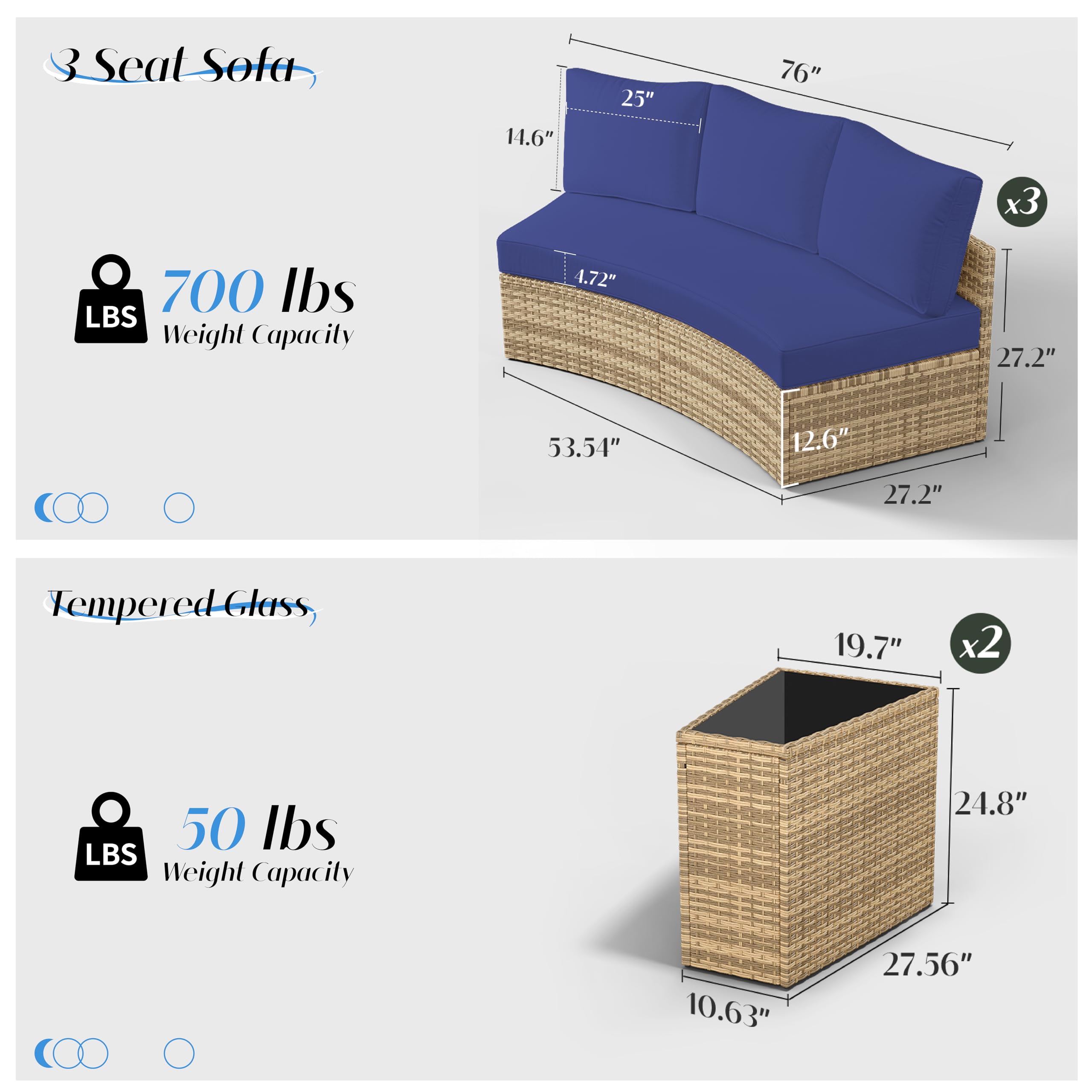 LUXOAK Patio Furniture Sets, 11 Piece Half-Moon Sectional Round Sofa Set, Outdoor Patio Furniture with Cushions & Wedge Table for Beach, Pool, Balcony, Blue