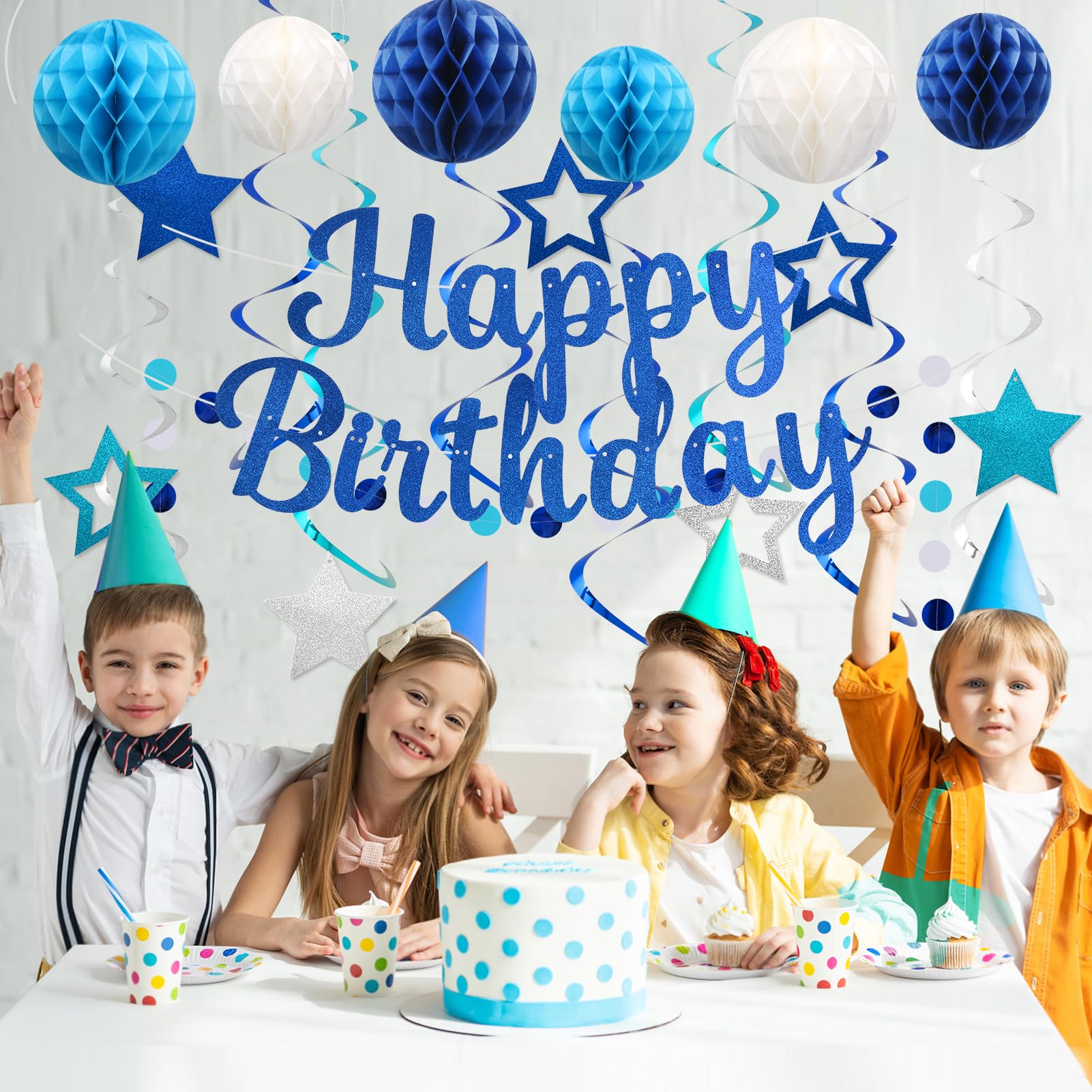 YEOCU Birthday Decorations, NO DIY, Pre-Strung Happy Birthday Banner with Honeycomb Balls, Hanging Swirls, Circle Dots Garland, Happy Birthday Party Decorations for Women Men Boys Girls (Blue)