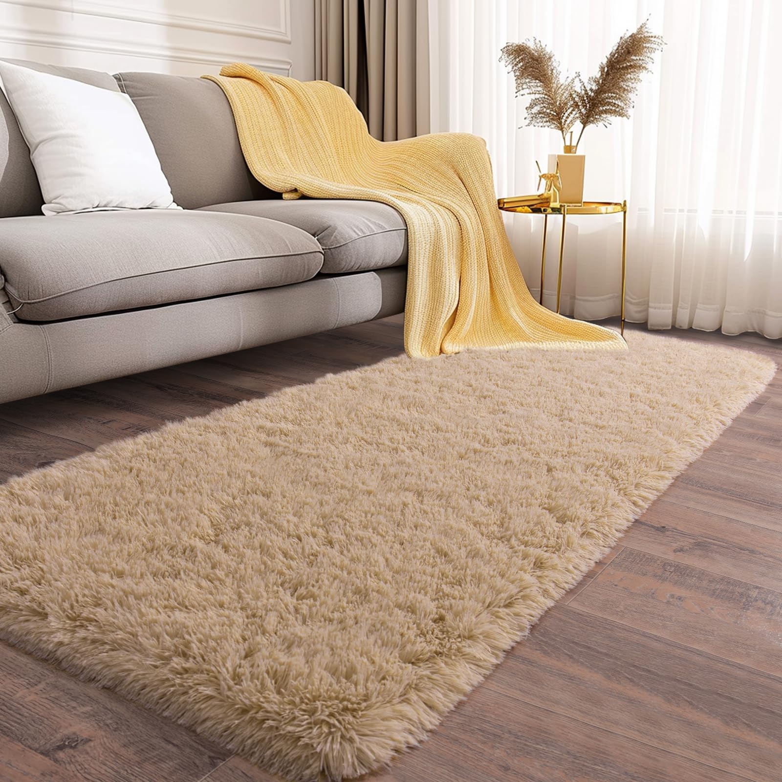 Ailyei Soft Runner Rugs for Bedroom Hallways, 2x6 Beige Fluffy Shag Throw Area Rug Non Slip for Bedside Dorm, Long Shaggy Furry Carpet for Nursery Living Room