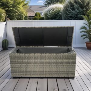 sealody storage box, 113 gallon wicker patio deck box with lid, outdoor deck box for toys, pillows, garden tools, grey