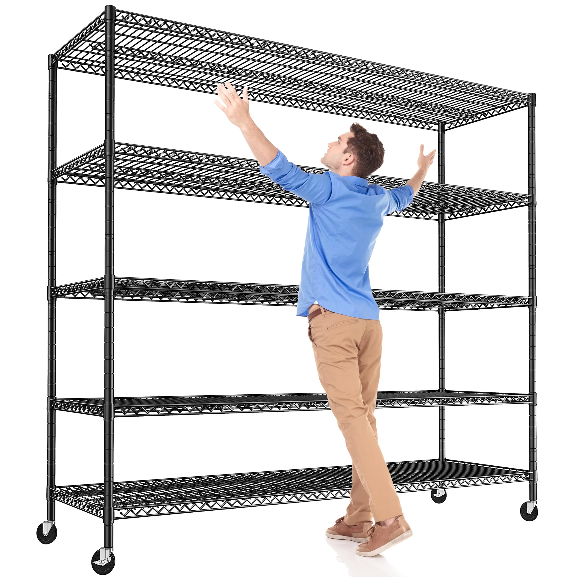 REIBII 85.7"H Storage Shelves 3200LBS 5 Tier Wire Shelving Unit with Wheels 55.5" W Heavy Duty Shelving Rack Adjustable Metal Shelves for Kitchen Pantry College Dorm School 85.7"H X 55.5"W X 24.2"D