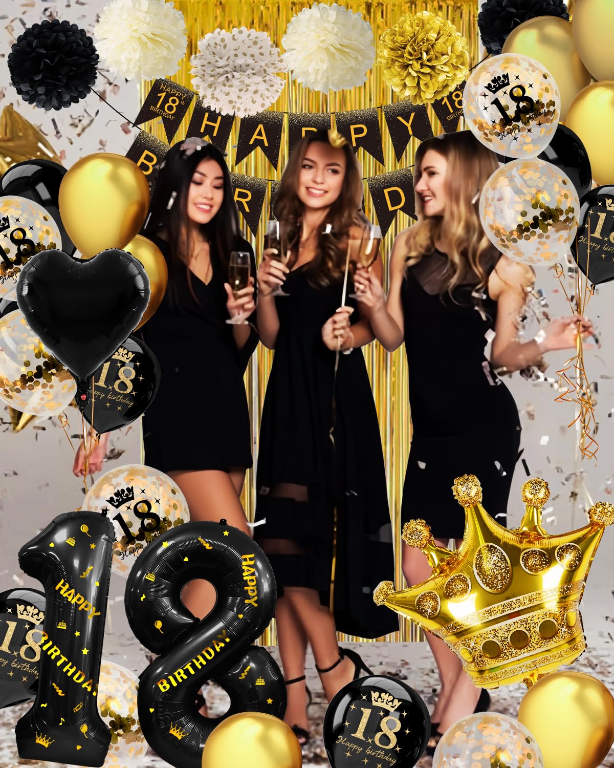 18th Birthday Decorations Black Gold, 18th birthday party decorations Boy Gril with 18th Birthday Balloons, Happy 18th Birthday Decorations, Foil Curtain for 18 Year Old Birthday Decorations Her Him