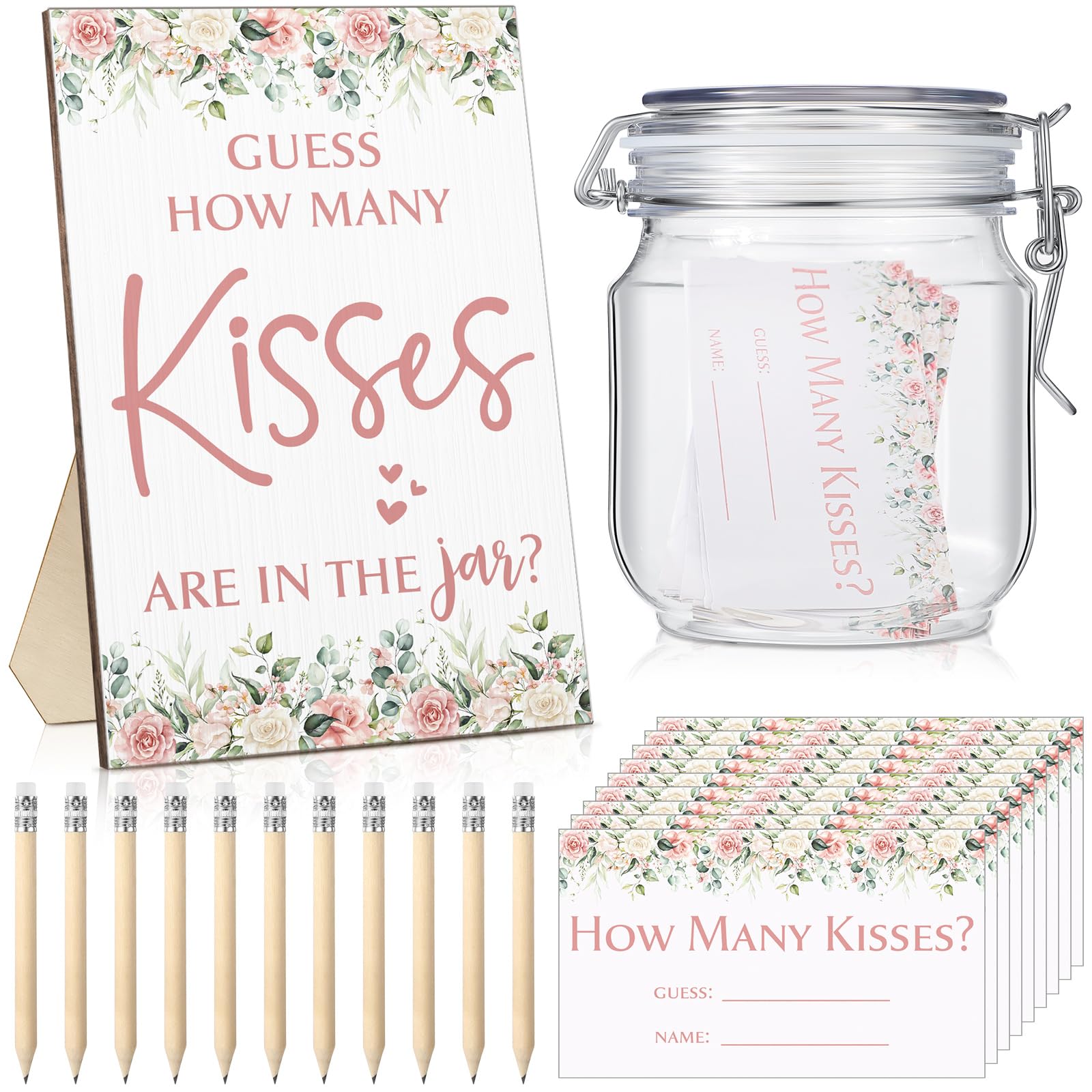 Yousoontic 122 Pieces Guess How Many Kisses Bridal Shower Games Include 1 Bridal Shower Wooden Sign 100 Guessing Cards 20 HB Pencils 1 Game Jar for Guests Wedding Party