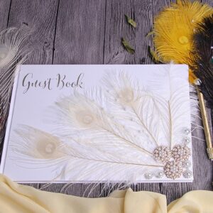 Vijiv Personalized Wedding Guest Book for Wedding Reception Signs, Bridal Baby Shower, Peacock Feather Hardcover Guestbook for Table Decoration Engagement Birthday Party Event, Photo Corners and Pen