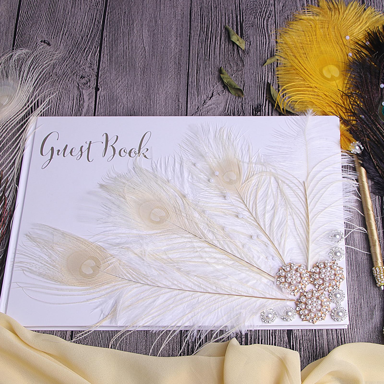 Vijiv Personalized Wedding Guest Book for Wedding Reception Signs, Bridal Baby Shower, Peacock Feather Hardcover Guestbook for Table Decoration Engagement Birthday Party Event, Photo Corners and Pen