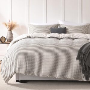 jellymoni 100% natural cotton 3pcs striped duvet cover sets,white duvet cover with grey stripes pattern printed ab side comforter cover,with zipper closure & corner ties(king size)