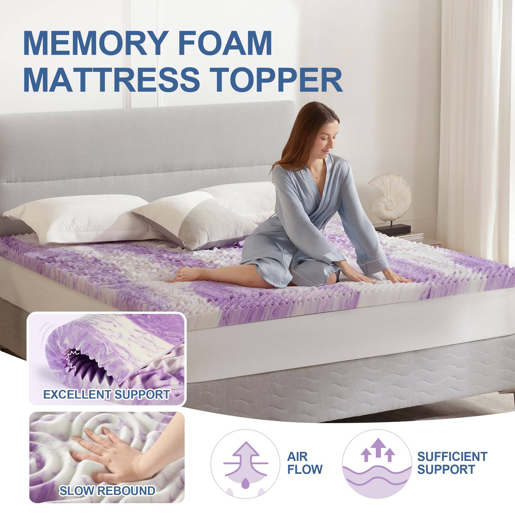 Eiayeebil 2 Inch Memory Foam Mattress Topper, 5-Zone Twin Mattress Pad Gel Infused Bed Foam Topper, Soft Bed Topper Purple,Twin Size