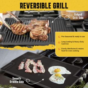 Cast Iron Reversible Grill/Griddle Set with Press, Scraper & Mitts - Pre-Seasoned, Non-Stick - 16.75" x 9.5" - Gas Stove, Grill, Camping, Indoor and Outdoor Cooking