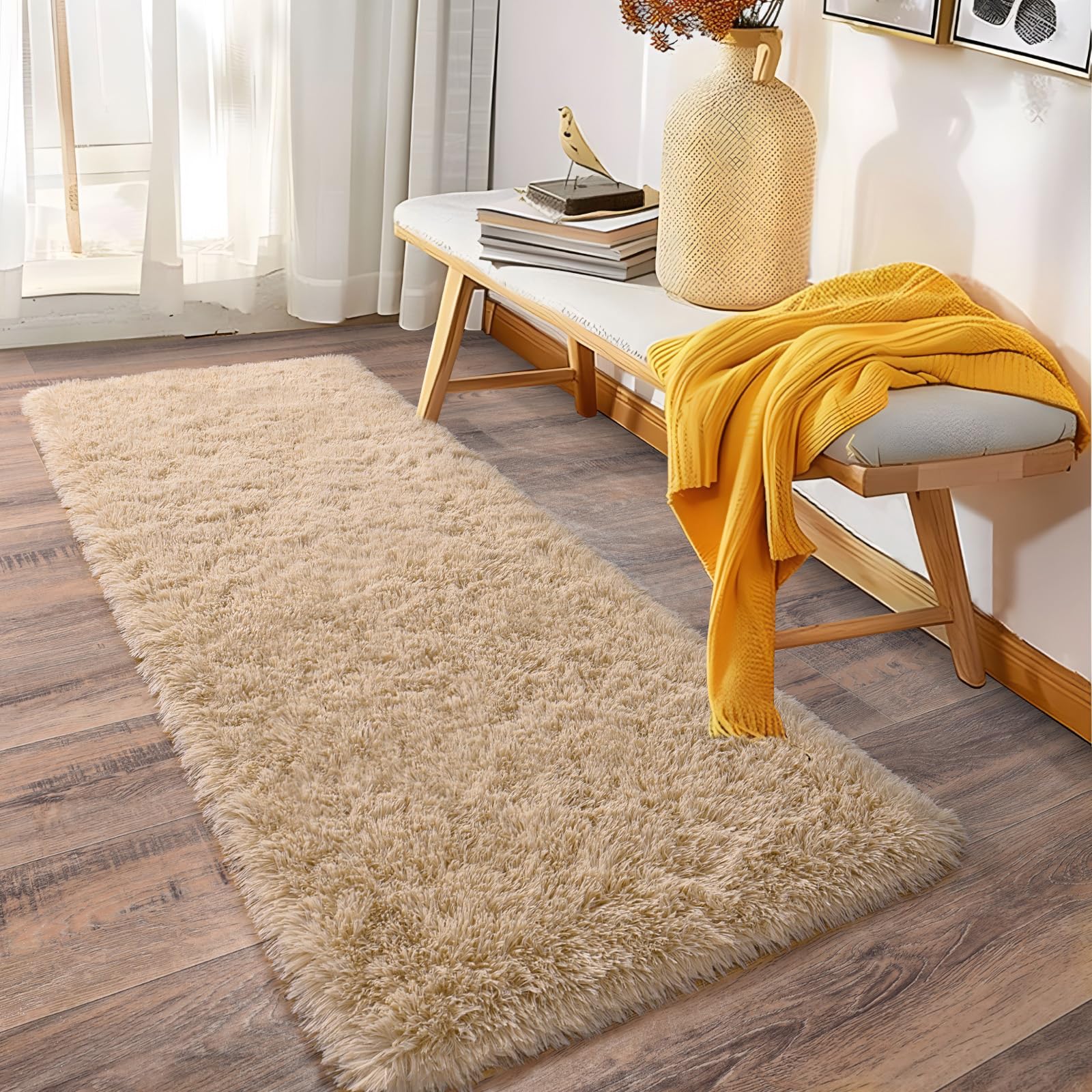 Ailyei Soft Runner Rugs for Bedroom Hallways, 2x6 Beige Fluffy Shag Throw Area Rug Non Slip for Bedside Dorm, Long Shaggy Furry Carpet for Nursery Living Room