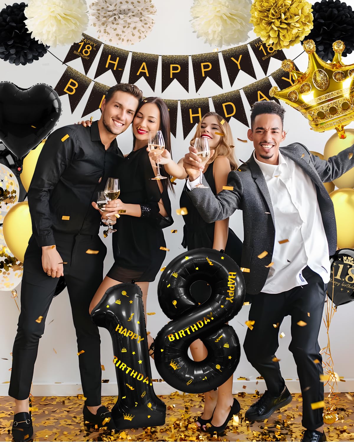 18th Birthday Decorations Black Gold, 18th birthday party decorations Boy Gril with 18th Birthday Balloons, Happy 18th Birthday Decorations, Foil Curtain for 18 Year Old Birthday Decorations Her Him