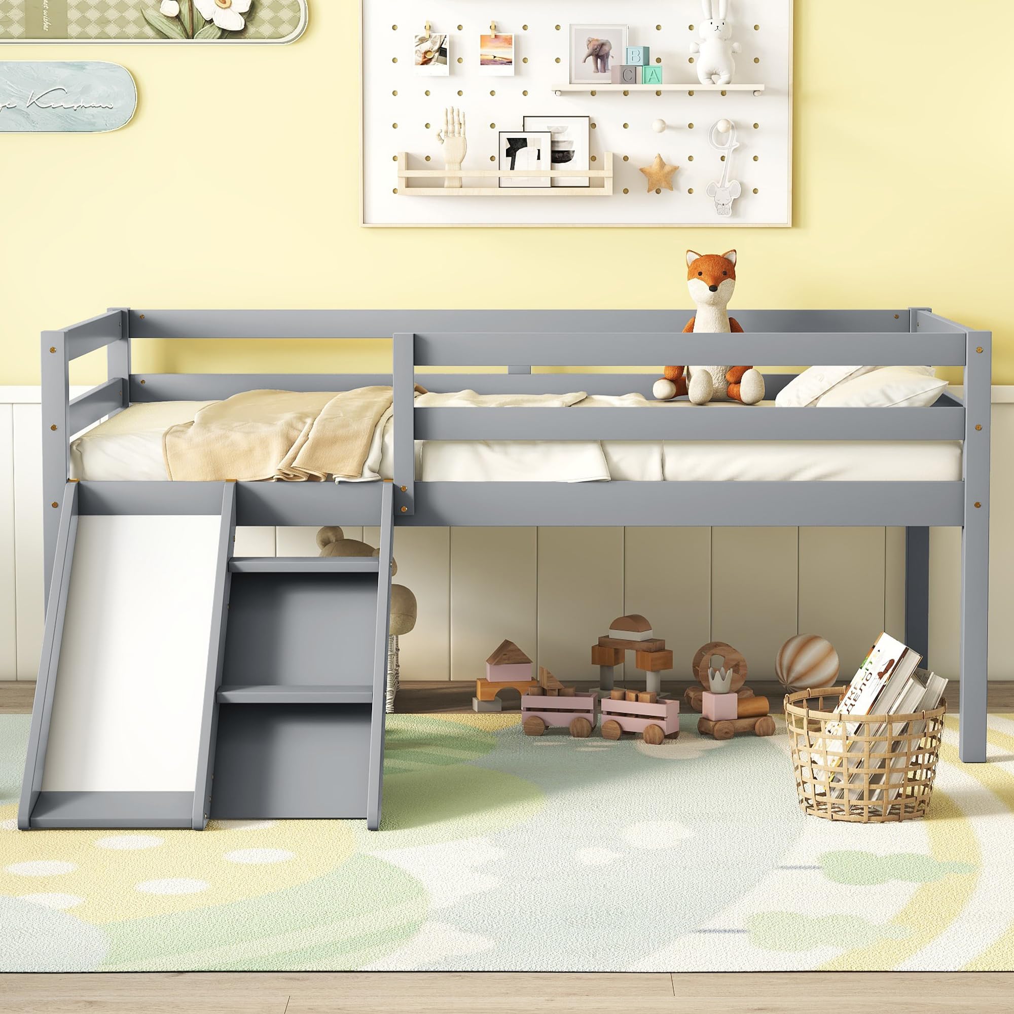 Twin Low Loft Bed with Slide, Ladder & Safety Guardrails, Wood Loft Bed Frame for Kids Teens Boys & Girls, No Box Spring Needed,Grey