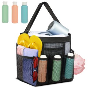 black mesh shower caddy portable for college dorm with 3 bonus travel bottles - large capacity mesh beach tote bag with adjustable reinforced strap - quick dry and sandproof shower bag for beach, pool