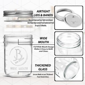 Wide Mouth Mason Jars 16 oz - (4 Pack) - Clear Glass Pint Mason Jars With Airtight Lids and Bands. For Storage, Canning, Fermenting, Meal Prep, Overnight Oats, Freezing, Microwave & Dishwasher Safe