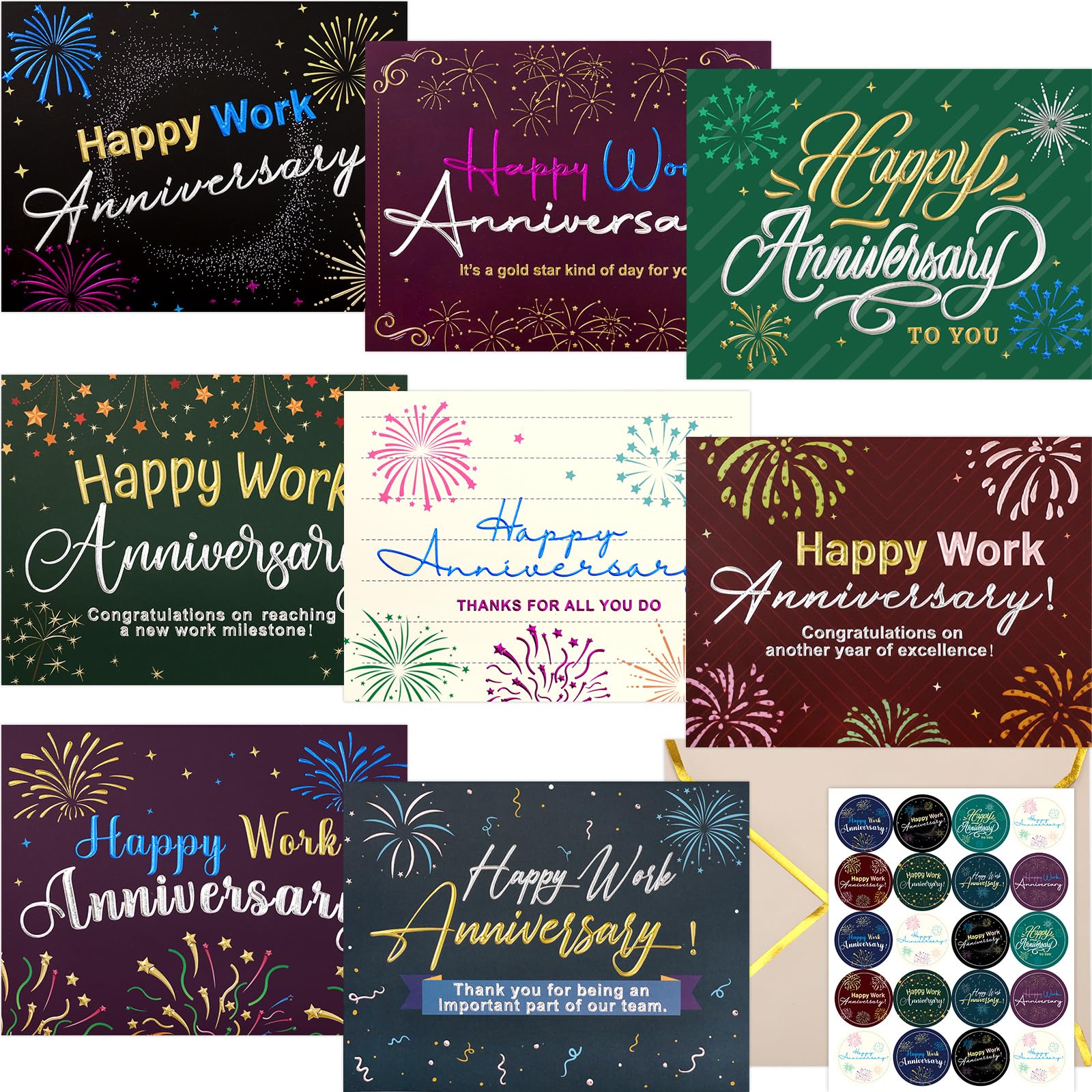 Fancy Land Work Anniversary Cards 24 Pack Embossed Business Employee Appreciation Cards with Envelopes Encouragement Work Team Greeting Cards Blank Inside