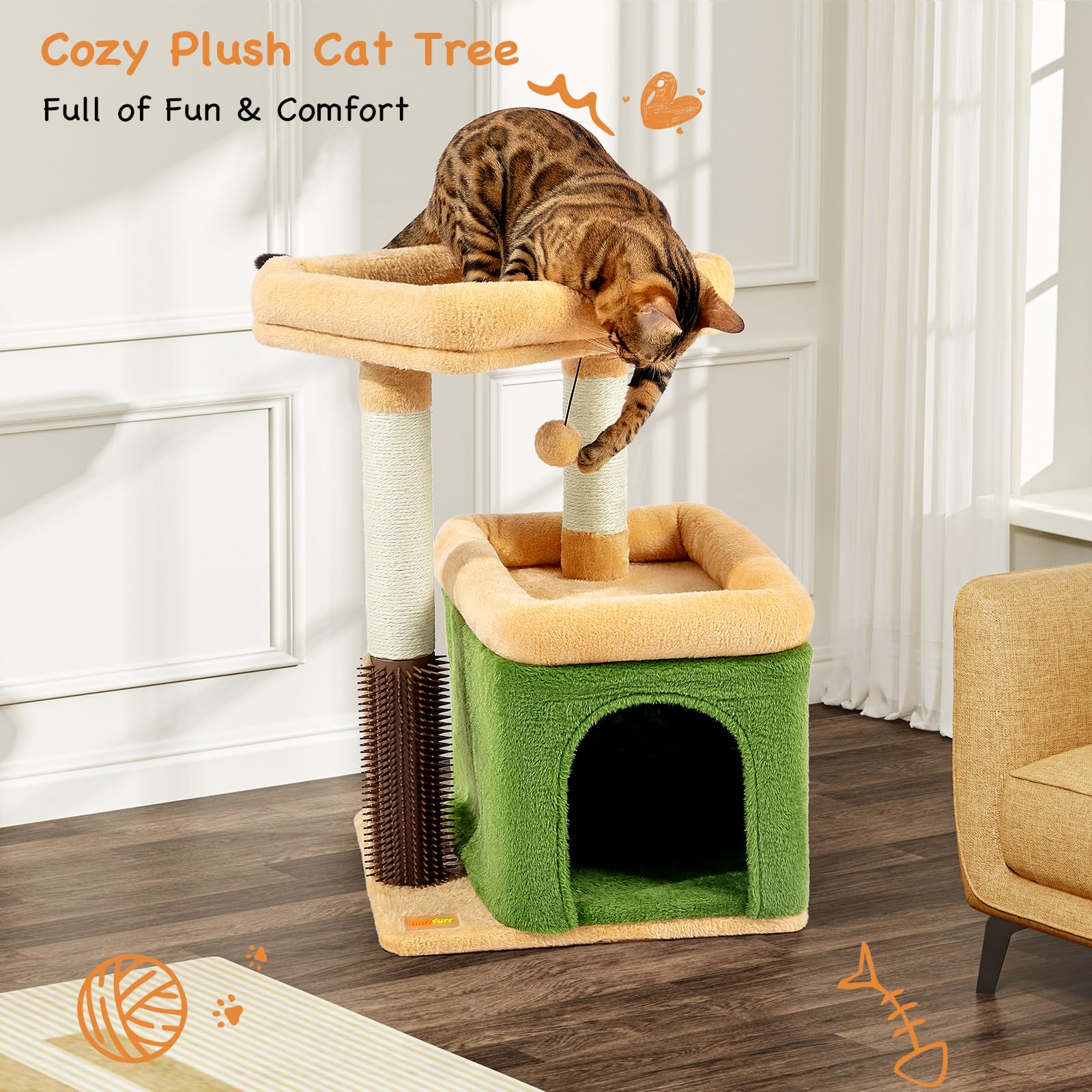 Innsfurr Small Cat Tree for Indoor Cats, Cat Scratching Post with Cat Condo Cat Tower for Multiple Cats, Plush Cozy Perch | Cat Massage Brush | Activity Hanging Pompoms for Kittens, Green