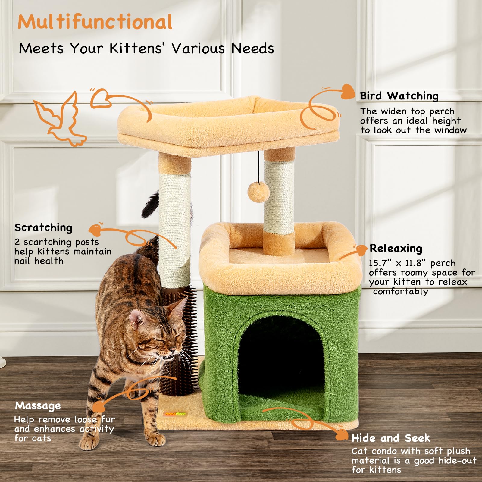 Innsfurr Small Cat Tree for Indoor Cats, Cat Scratching Post with Cat Condo Cat Tower for Multiple Cats, Plush Cozy Perch | Cat Massage Brush | Activity Hanging Pompoms for Kittens, Green