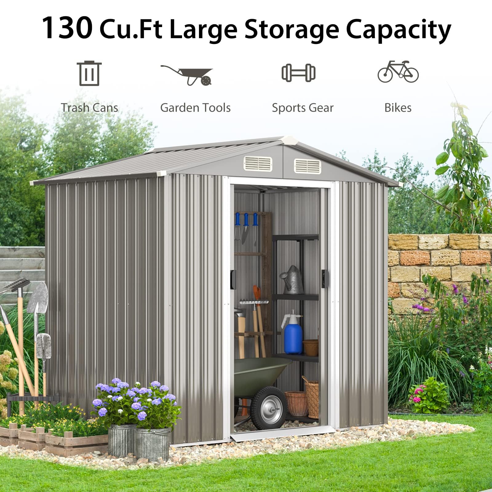 HAPPYGRILL 6' x 4' Outdoor Metal Storage Shed, Galvanized Steel Shed with Tilted Roof, Lockable Sliding Doors & 4 Air Vents, Utility Shed for Backyard Garden Patio Lawn