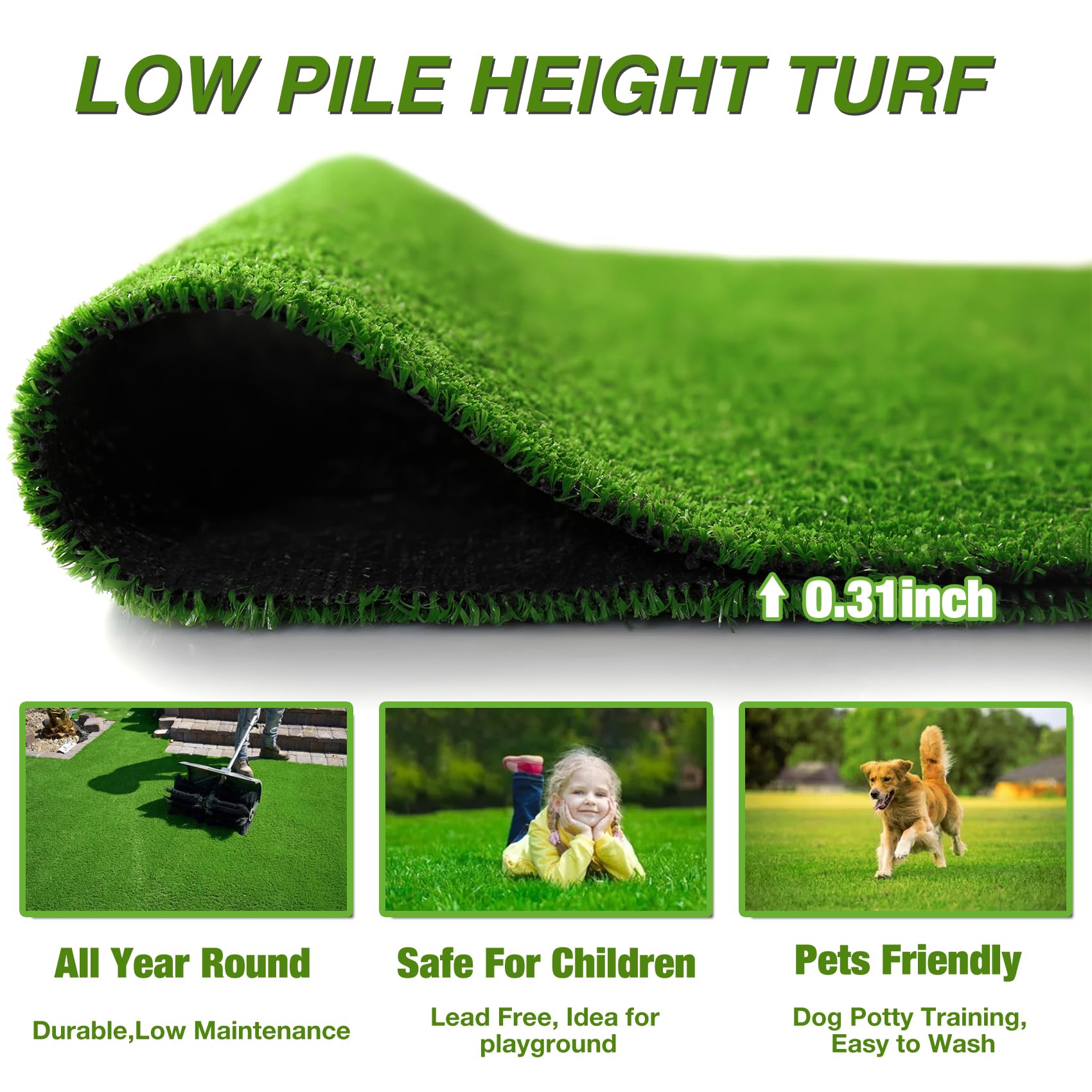 XLX TURF Green Grass Area Rug 4FT X 6FT, Outdoor Fake Turf Floor Mat for Balcony, Patio, Yard, Large Pets Dogs Grass Pad