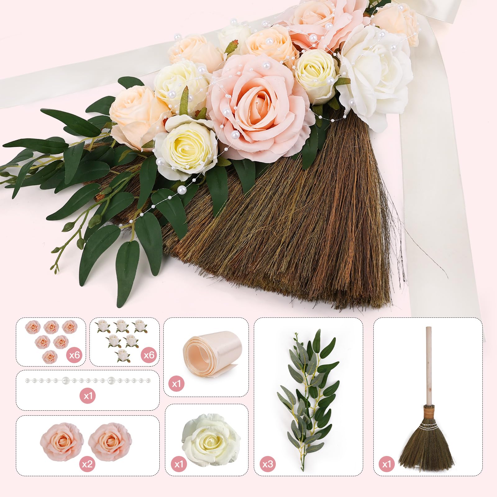 LORDLDS Wedding Broom DIY Jumping Broom for Wedding Ceremony 28 inch Tall Whisk Broom with Artificial Roses/Green Leaves/Ribbons/Pearl