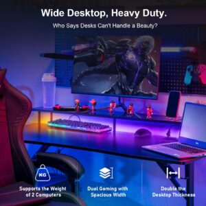 GTRACING 55 Inch Gaming Desk with LED Lights, Computer Gamer Desk with Monitor Stand, Ergonomic Carbon Fiber Surface Gaming Table with Mouse Pad for Home Office, RGB