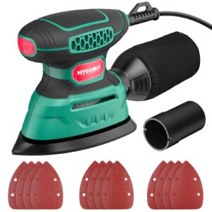 hychika detail sander,140w electric sander, up to 13000opm, 1.2a palm sander tool with 12pcs sandpapers, with efficient dust collection system, compact hand sander for woodworking.