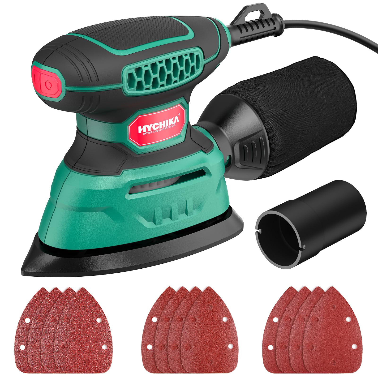 HYCHIKA Detail Sander,140W Electric Sander, up to 13000OPM, 1.2A Palm Sander Tool with 12pcs Sandpapers, with Efficient Dust Collection System, Compact Hand Sander for Woodworking.