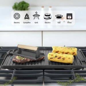 Cast Iron Reversible Grill/Griddle Set with Press, Scraper & Mitts - Pre-Seasoned, Non-Stick - 16.75" x 9.5" - Gas Stove, Grill, Camping, Indoor and Outdoor Cooking