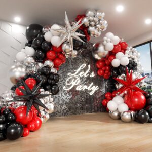 red and black balloon arch kit with star balloons, red black and white metallic silver balloon arch garland kit for birthday prom red black graduation 2024 party decorations