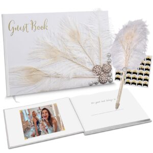 vijiv personalized wedding guest book for wedding reception signs, bridal baby shower, peacock feather hardcover guestbook for table decoration engagement birthday party event, photo corners and pen