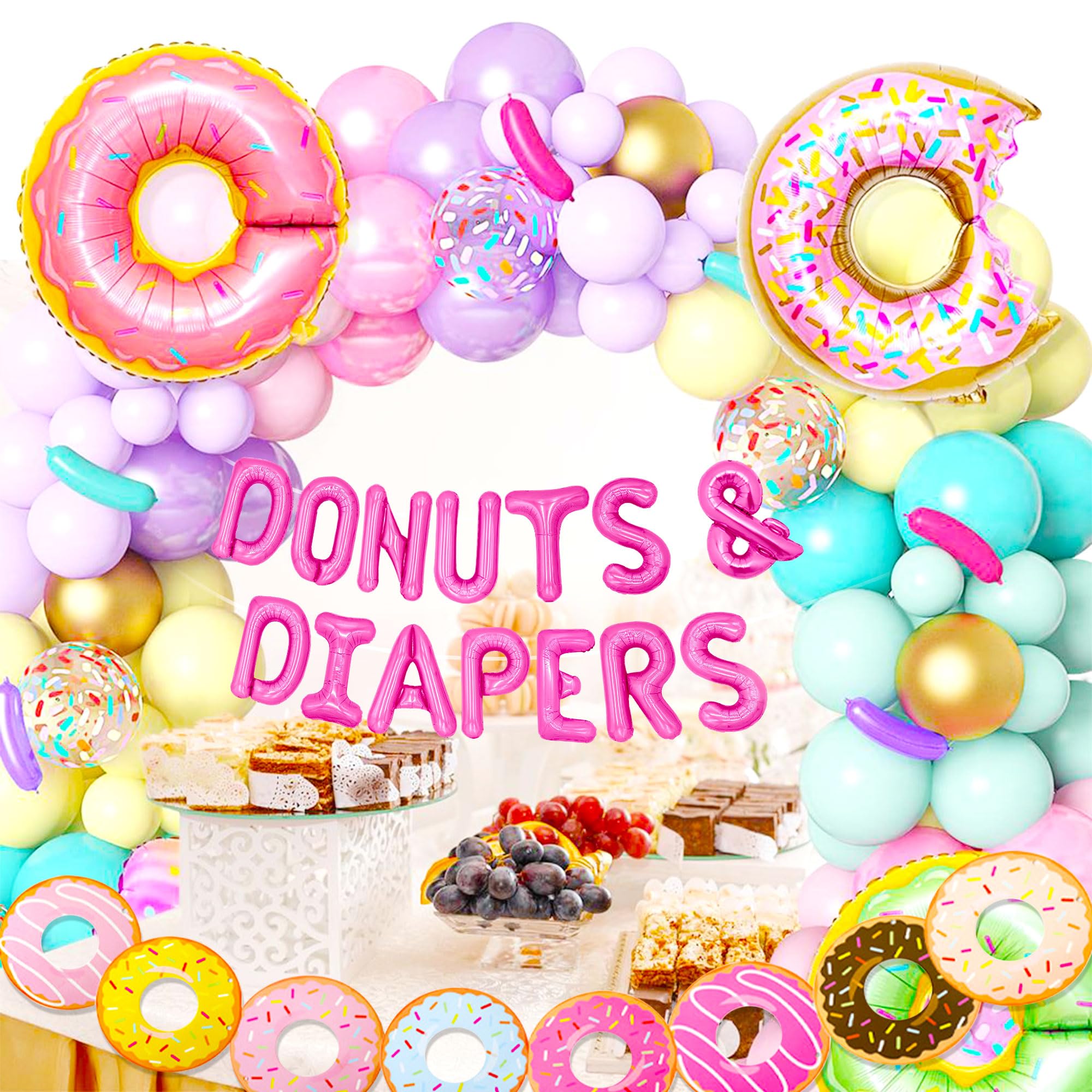 JeVenis Pink Donuts Baby Shower Decorations Donuts and Diaper Sign Backdrop Sweet Donuts Baby Shower Decors Doughnut Theme Baby Shower Backdrop Banner