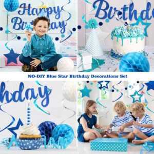 YEOCU Birthday Decorations, NO DIY, Pre-Strung Happy Birthday Banner with Honeycomb Balls, Hanging Swirls, Circle Dots Garland, Happy Birthday Party Decorations for Women Men Boys Girls (Blue)