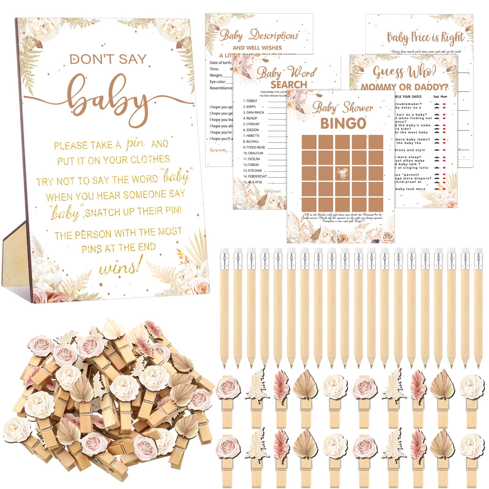 Patelai 321 Pcs Baby Shower Games Supplies, 5 Sets (50 Cards Each) Activities Cards with 20 Pencils 1 Don't Say Baby Sign 50 Clothespin(Boho Pampas Grass)