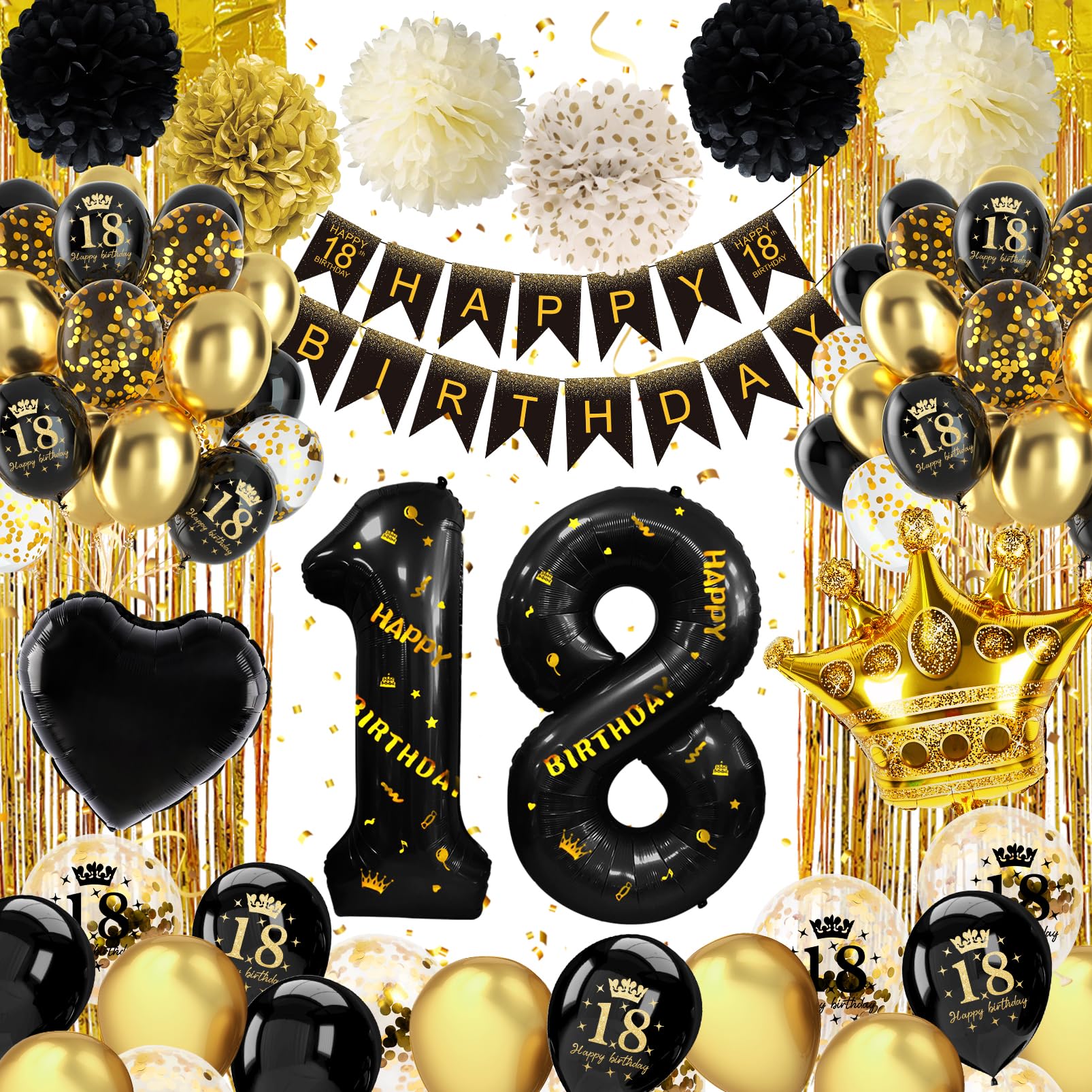 18th Birthday Decorations Black Gold, 18th birthday party decorations Boy Gril with 18th Birthday Balloons, Happy 18th Birthday Decorations, Foil Curtain for 18 Year Old Birthday Decorations Her Him