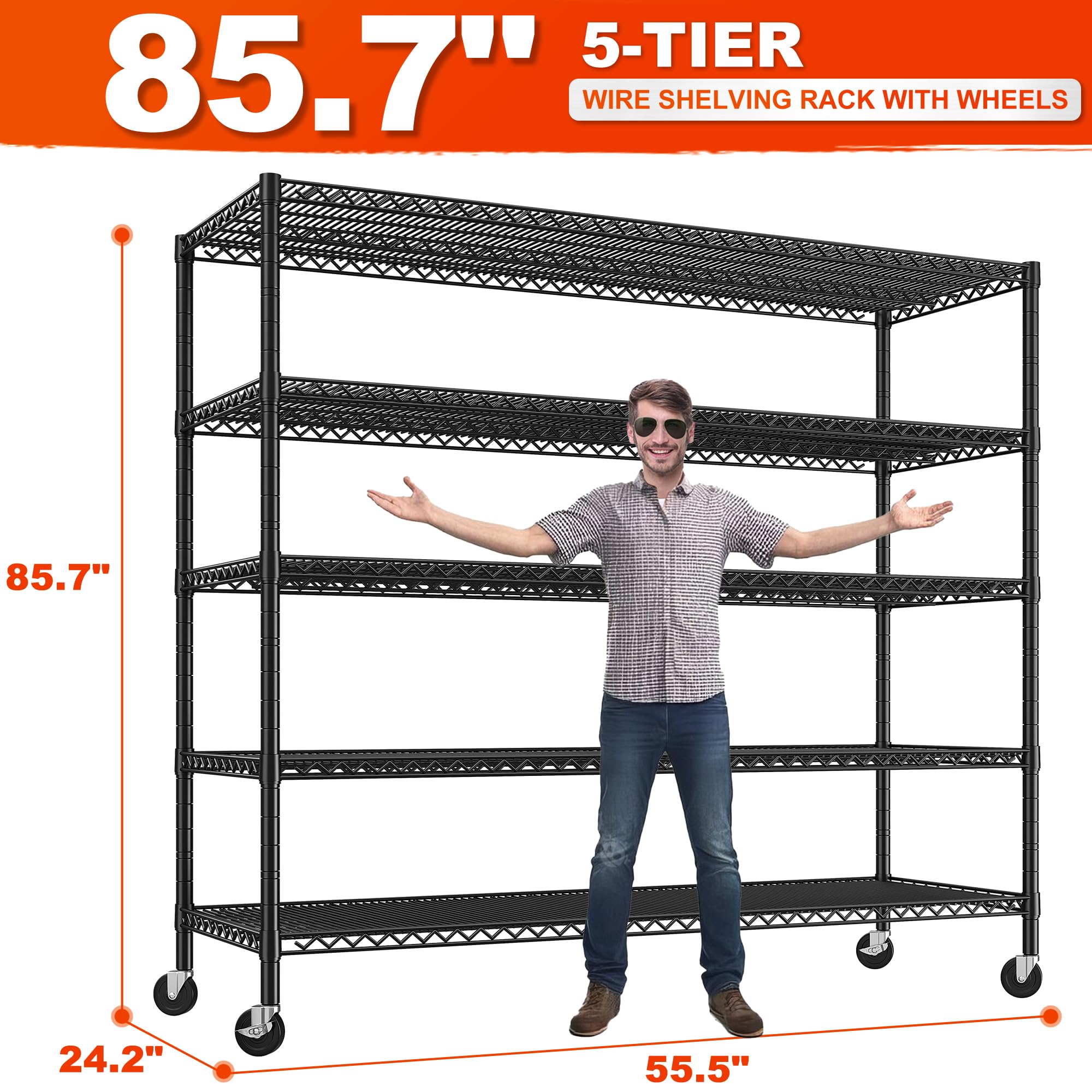 REIBII 85.7"H Storage Shelves 3200LBS 5 Tier Wire Shelving Unit with Wheels 55.5" W Heavy Duty Shelving Rack Adjustable Metal Shelves for Kitchen Pantry College Dorm School 85.7"H X 55.5"W X 24.2"D