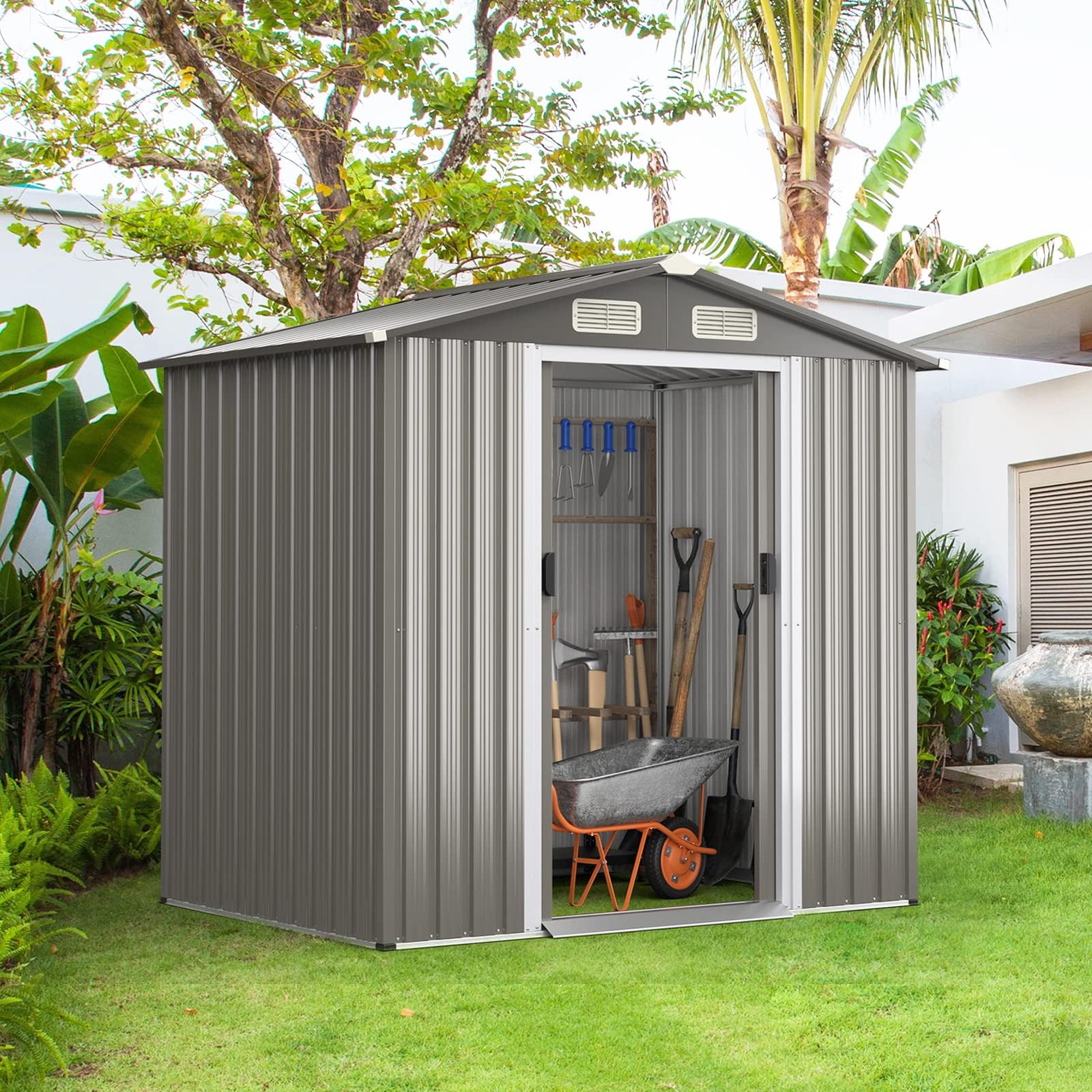 HAPPYGRILL 6' x 4' Outdoor Metal Storage Shed, Galvanized Steel Shed with Tilted Roof, Lockable Sliding Doors & 4 Air Vents, Utility Shed for Backyard Garden Patio Lawn