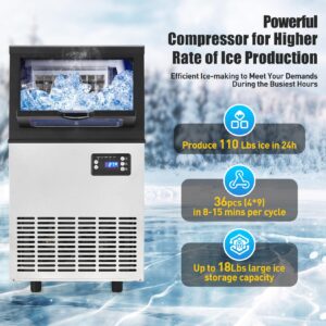 Commercial Ice Maker Machine, 110 LBS/24H Ice Machine with 18Lbs Storage Capacity, Scoops Included, Under Counter Ice Maker Machine for Home, Restaurant, Coffee, Bar