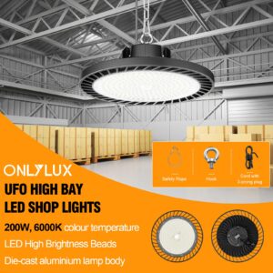 ONLYLUX Super Bright LED High Bay Lights 200W, 30000LM 6500K UFO High Bay Led Shop Lights AC100-277V with Plug Industrial Warehouse Workshop Factory Barn Garage Area Lighting Fixture - 8 Pack