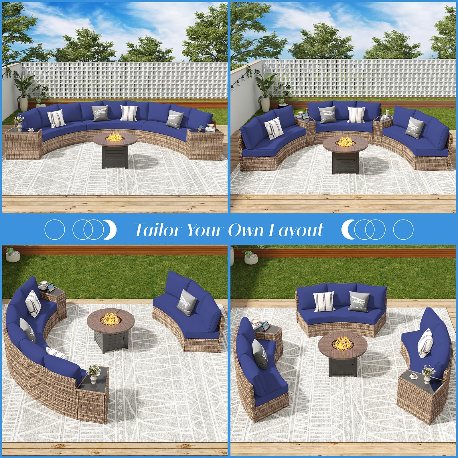 LUXOAK Patio Furniture Sets, 11 Piece Half-Moon Sectional Round Sofa Set, Outdoor Patio Furniture with Cushions & Wedge Table for Beach, Pool, Balcony, Blue